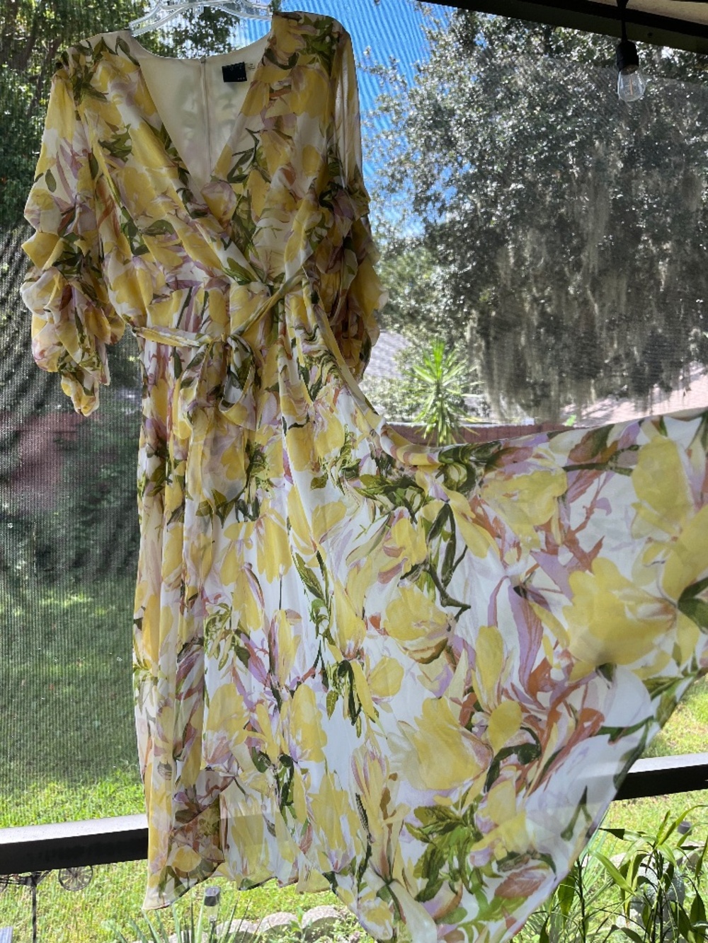 Gabby Skye yellow and white floral faux-wrap dress in size 16